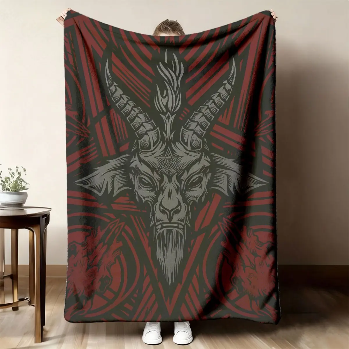 Baphomet Goat Head Pentagram Red Gothic Woodcut Flannel Throw Blanket Occult Sigil Wolf Symbol Dark Aesthetic Warm Blanket Gift Goth Fans All Ages
