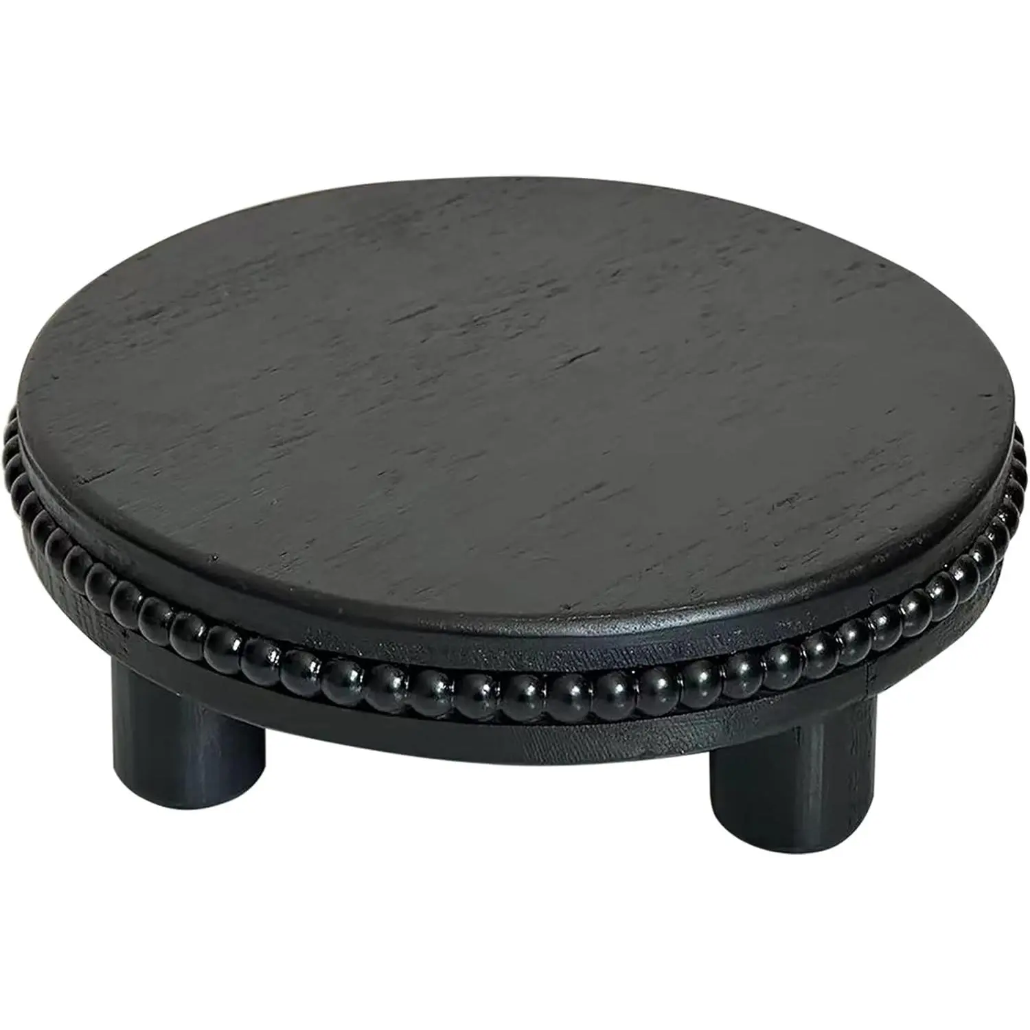 Farmhouse Beaded Wood Tray Risers for Display, 7.6” Wooden Decorative Tray for Kitchen Home Decor, Display Pedestal Stand for Countertop, Black Round Wood Riser for Soap Dish