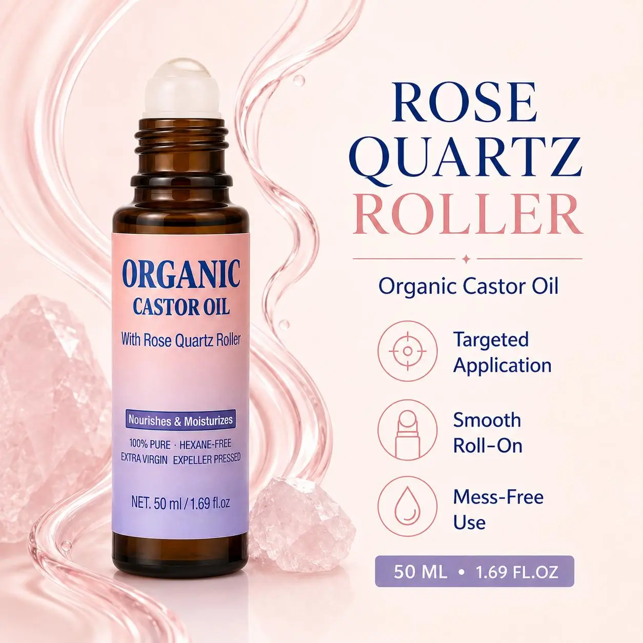 Organic Castor Oil Roll-On with Rose Quartz Roller, 50ml Hexane-Free Extra Virgin Oil for Face, Brows, Cuticles and Dry Areas, Targeted Moisturizing Care