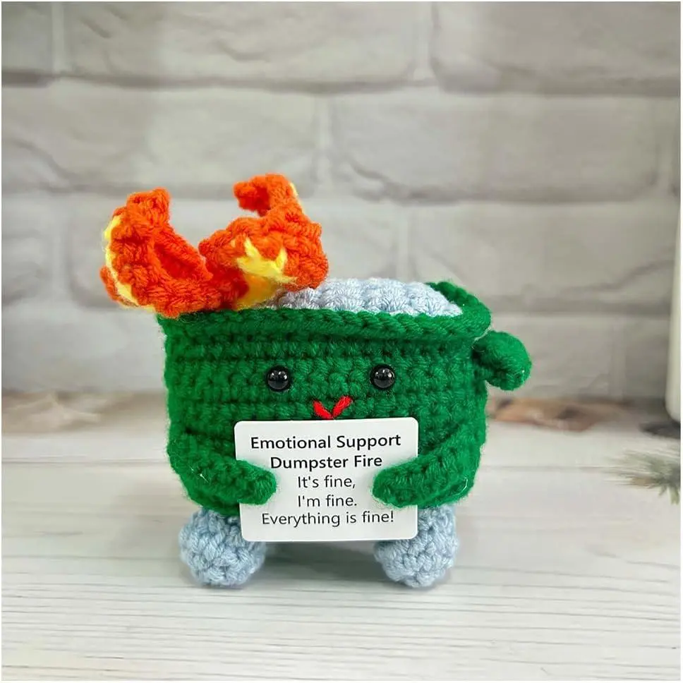Emotional Support Crochet Dumpster Fire with Positive Card Cute Room Decor Knitted Toys Funny Crochet Support Buddies Gifts for Friends (Green)