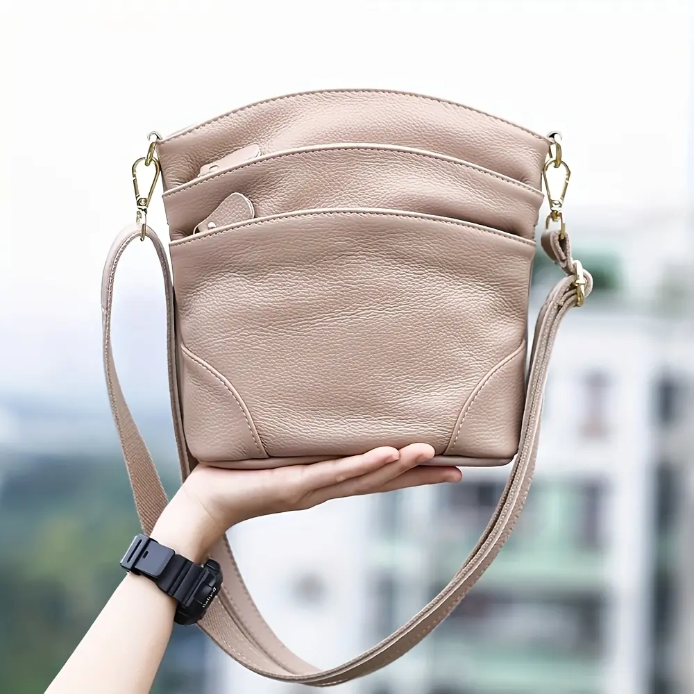 Genuine Leather Crossbody Bag for Women, Multi Pocket Shoulder Purse with Adjustable Strap, Large Capacity Everyday Handbag for College Students, Back to School, Campus, Shopping and Travel