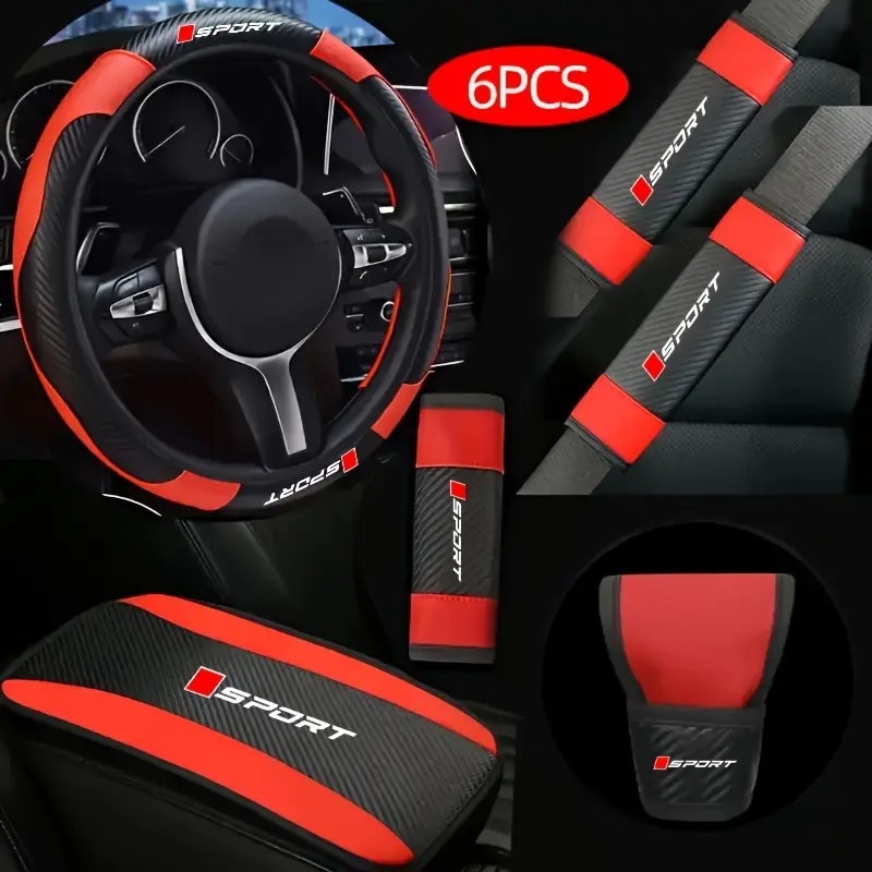 6Pcs PU Leather Car Interior Kit | Auto Accessories Set Pack, Steering Wheel Attachment Gift Sets, Armrest Pad, Shoulder Pads, Gear Shift Cover, All-Season Universal Accessories for Car