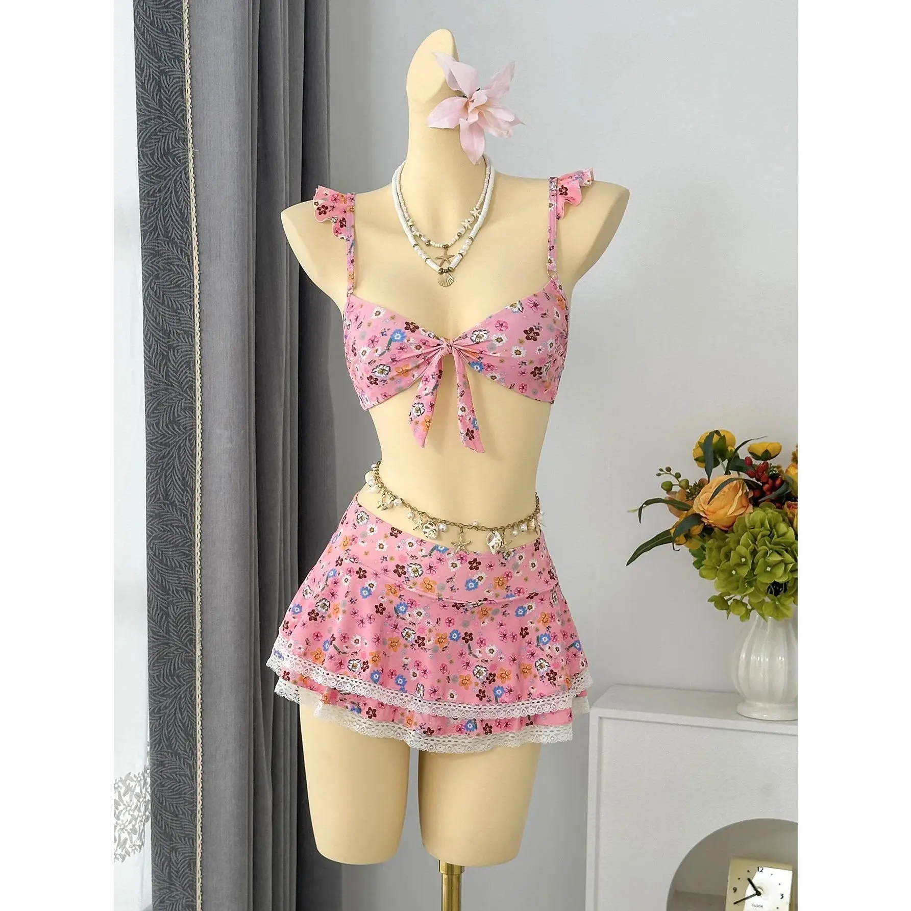 Women's Tencel Skirted Bralette Bikini Set, 2026 Pink Floral Print, Front-Tie Push-Up Bra, Lace Ruffles, Holiday Sports & Outdoor Swimwear