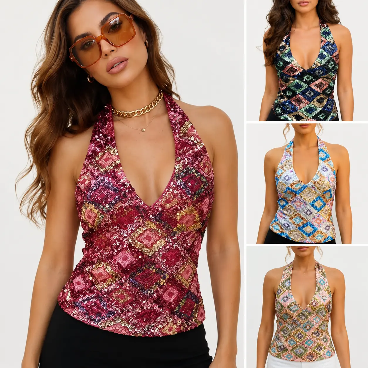 Women's Glitter Sequin Halter Top Geometric Pattern Backless V Neck Cocktail Party Evening Top Elegant Sparkly Sexy Sequin Halter Top