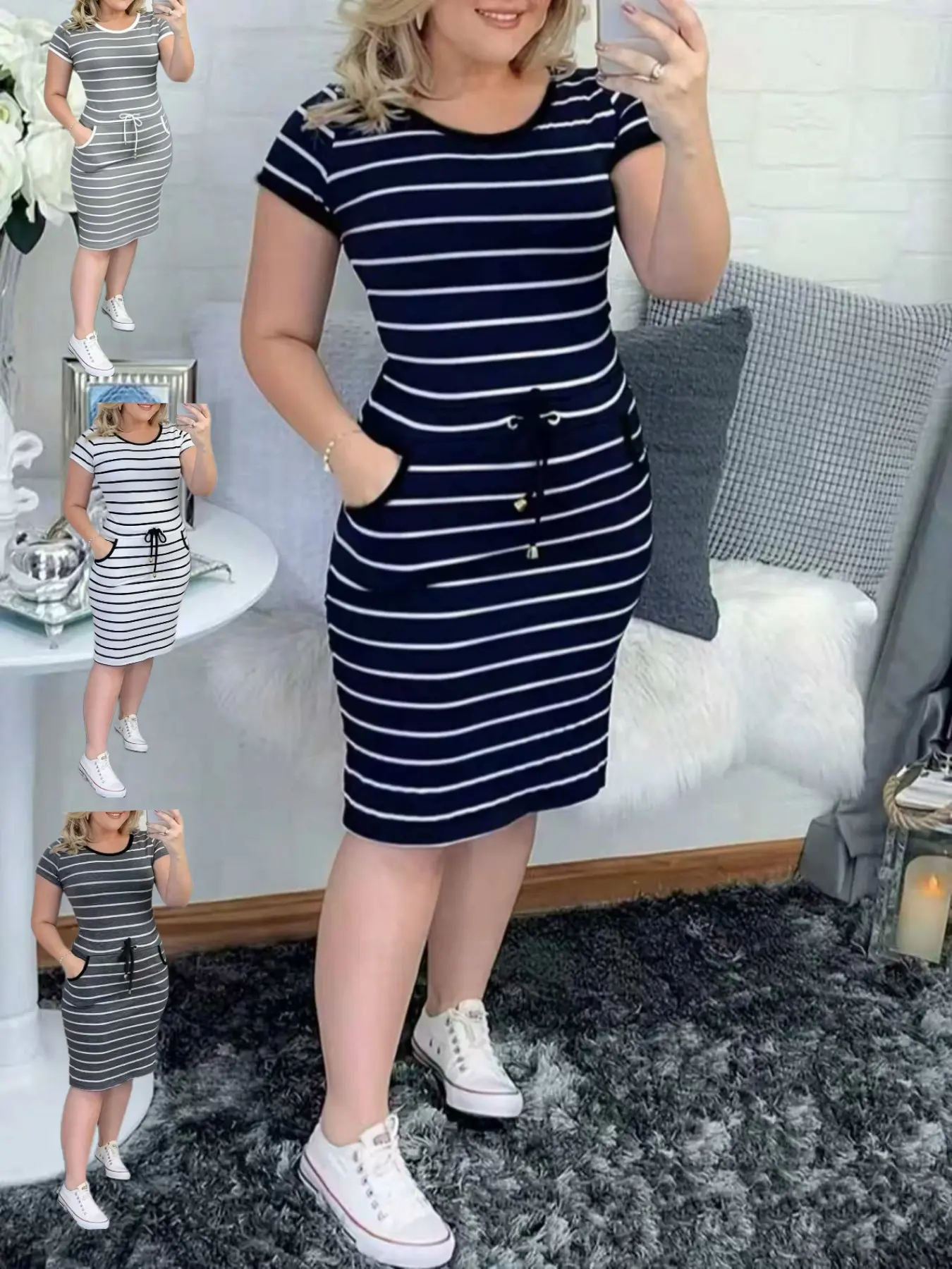 2026 New Casual Fit Double Pocket Round Neck Striped Adjustable Drawstring Bodycon Women's Dress for Daily Wear