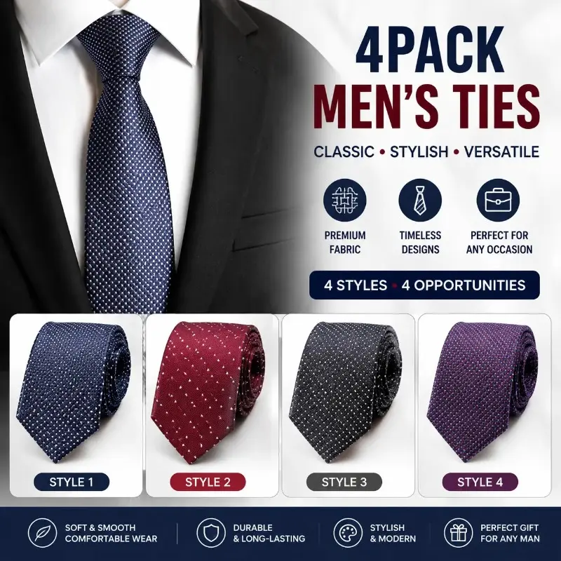 Men's 4-Pack Skinny Ties Set - Assorted Stripe, Solid, Plain Colors for Christmas, Engagement, Anniversary, Interviews, Casual Comfy Tie, Stylish Tie Design