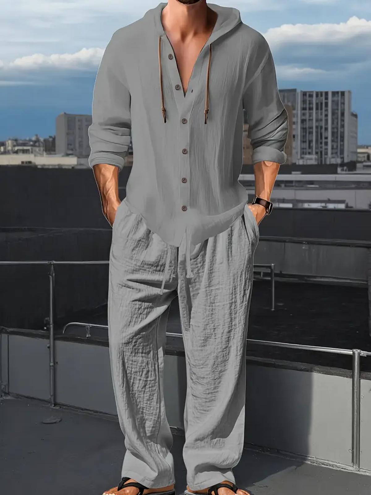 2-Piece Set Men's lightweight  Trendy Hooded，Made From Soft Linen，Casual Vacation Style, Loose Fit Breathable Fabric,Long Hoodie & Wide-Leg Pants, Summer Wear outdoorfun Sweatshirt Clothes Fashion Trouser
