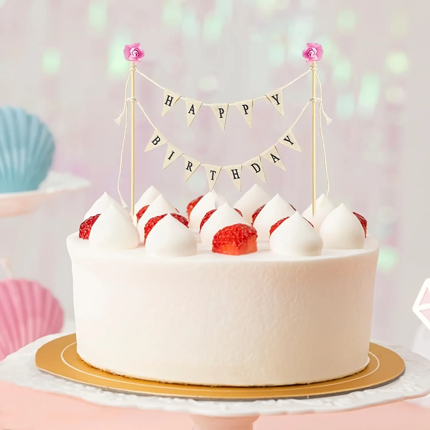 Happy Birthday Cake Bunting Topper Cake Topper Garland, Handmade Pennant Flags with Wood Pole Ivory (with Pink Rose)