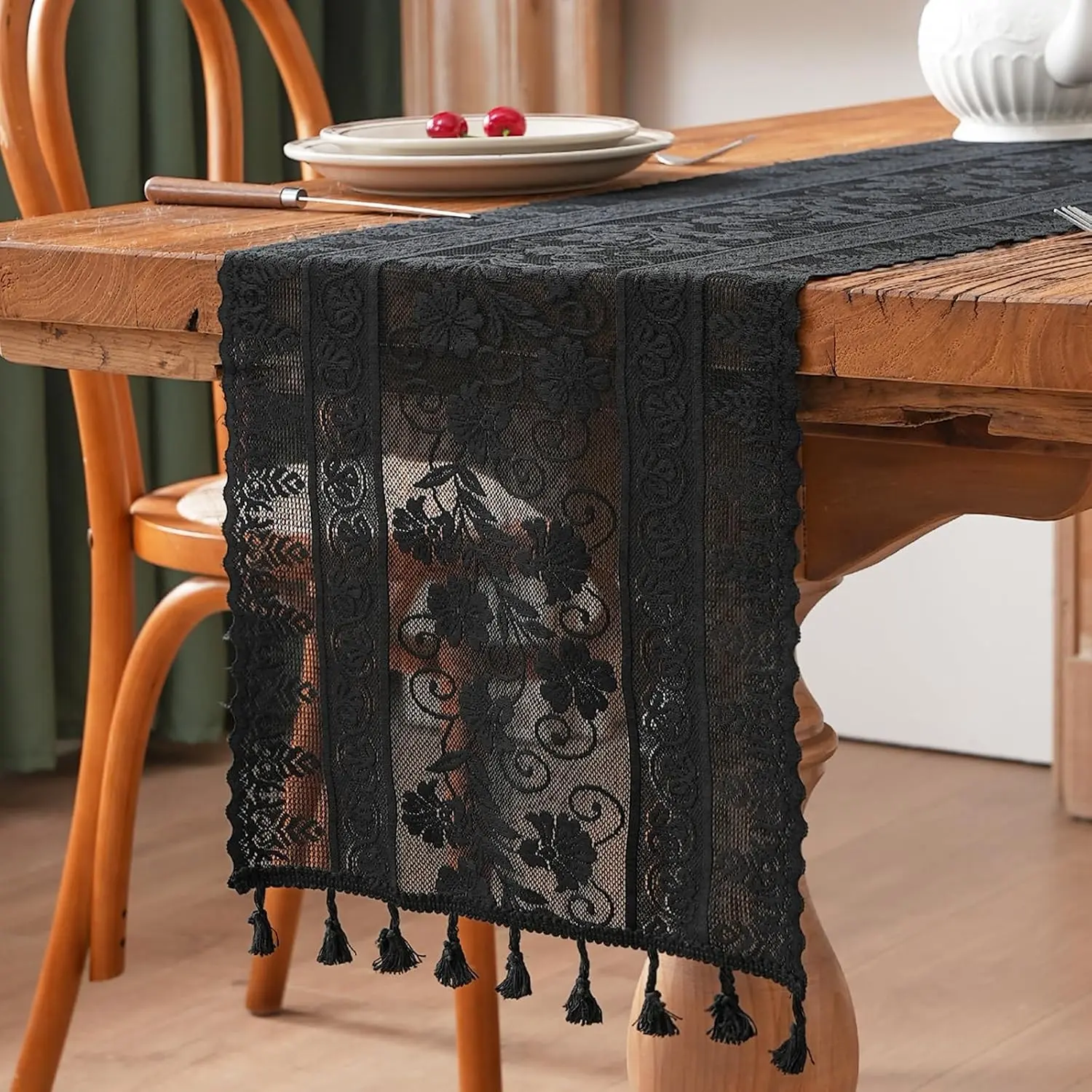Black Lace Boho Flower Table Runner with Tassels, Vintage Rustic Christmas Runner for Dining Home Table Setting Decor, 12 x 73 Inch, Tassel Included