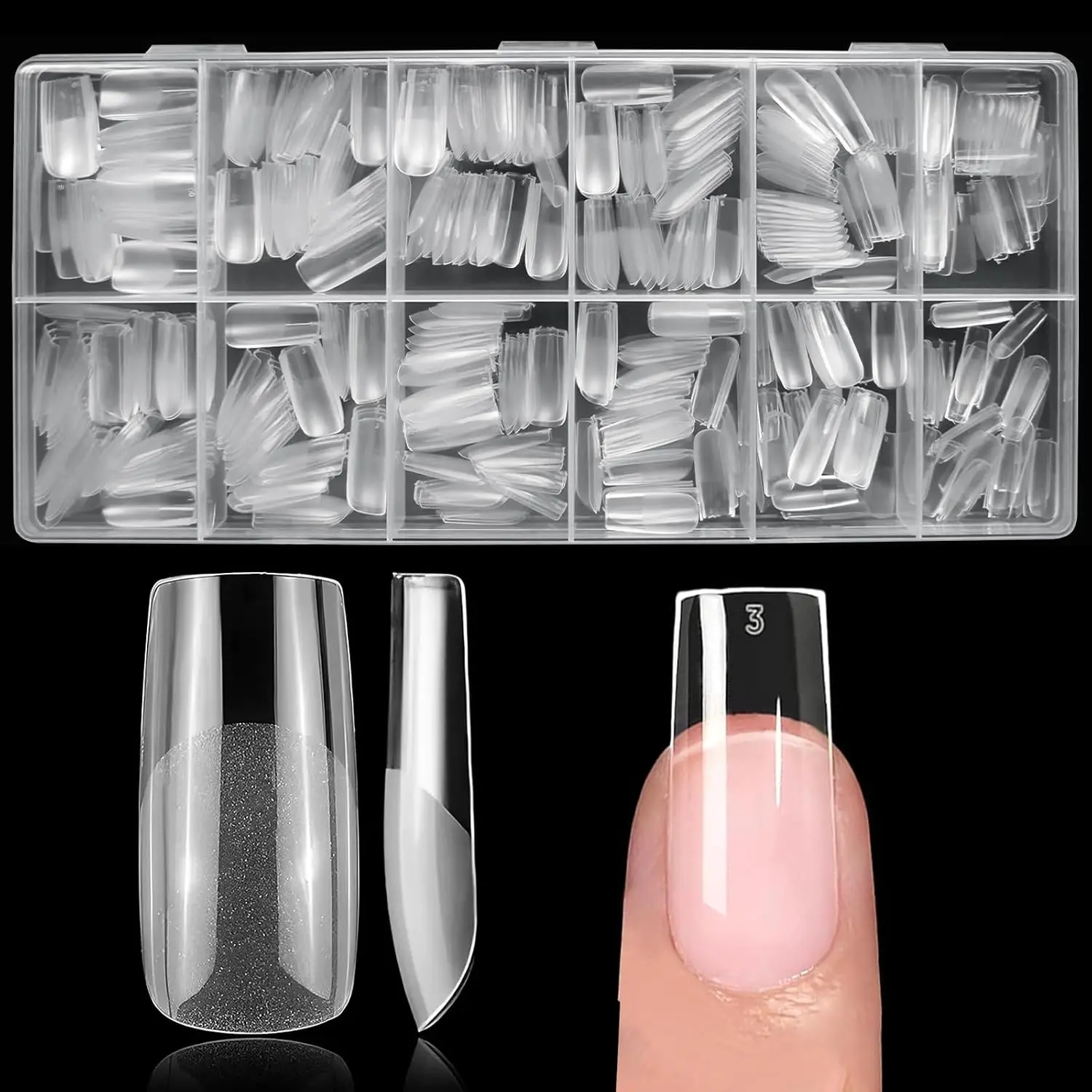 Square  Tips, 300 count Soft Gel  Tips Square Medium  Nails, Full Cover Clear  Nails Tips for  Extensions, Press  Nails Making, 12 Sizes