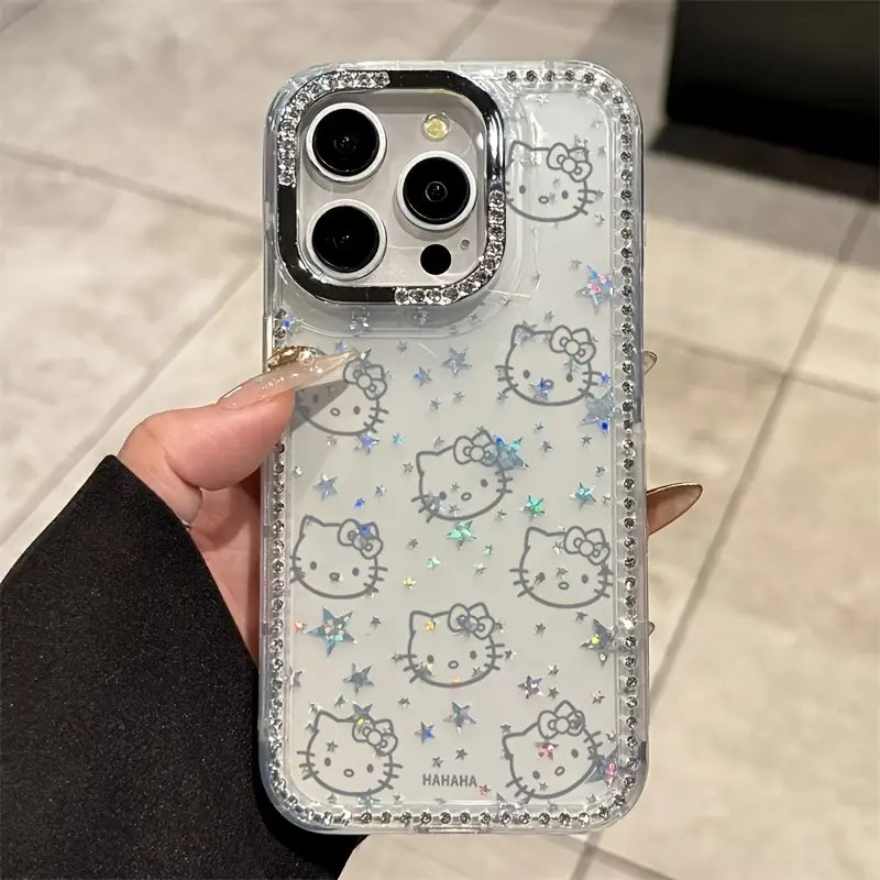 Case with Glitter Cat Portrait and Starry Rhinestone Edge, Anti-Shock for iPhone 11/12/13/14Plus/15/16ProMax/17, Christmas New Year Easter Halloween Gift