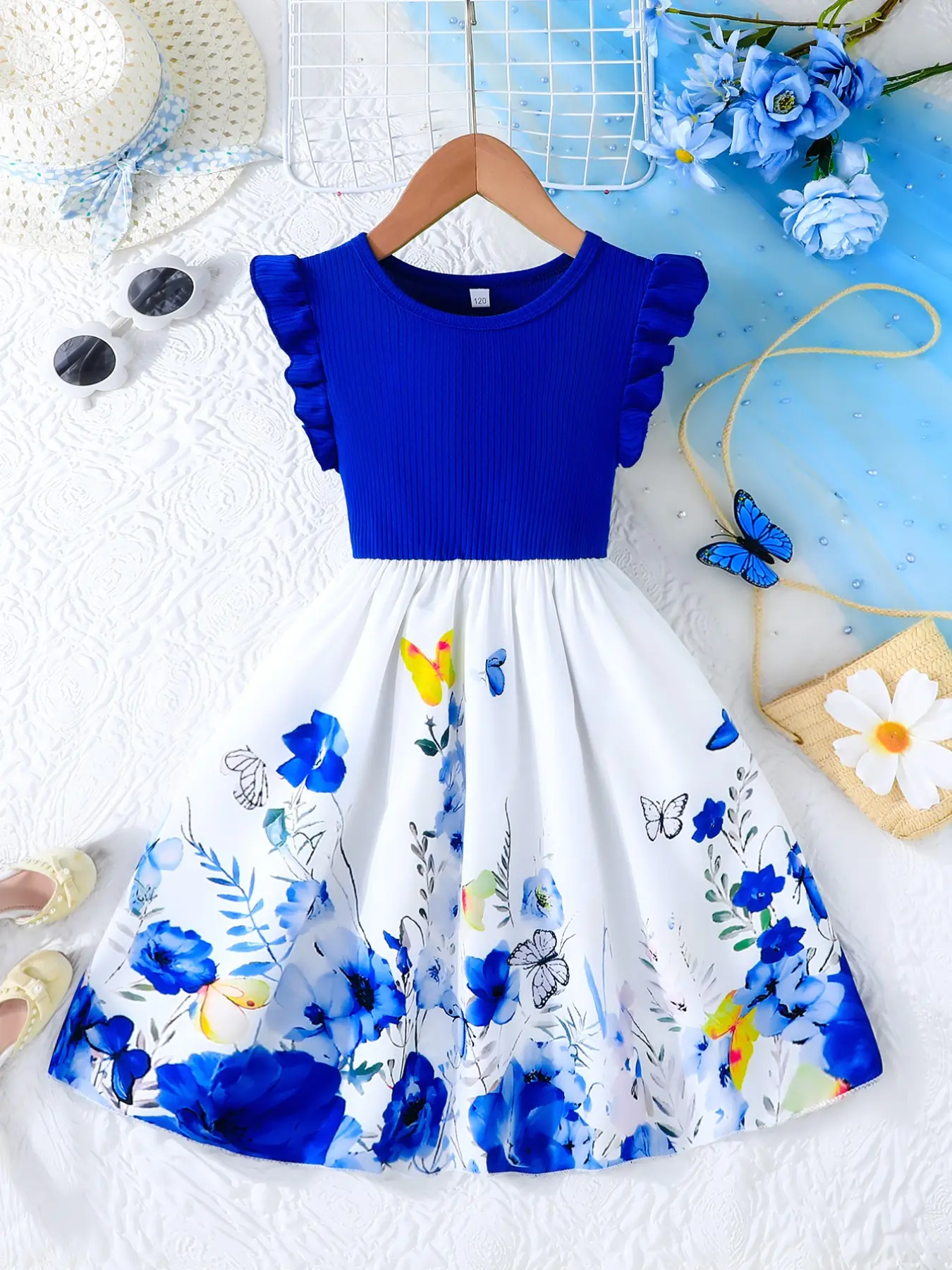 Girls Dress, Ribbed Knit Bodice, Watercolor Floral Butterfly Pattern, Comfort Sleeveless Ruffle Ditsy Floral Sundress, Flow Wide Hem Skirt, Fit 6 to 10 Years Older Kids, Casual Trip Garden Party Wear