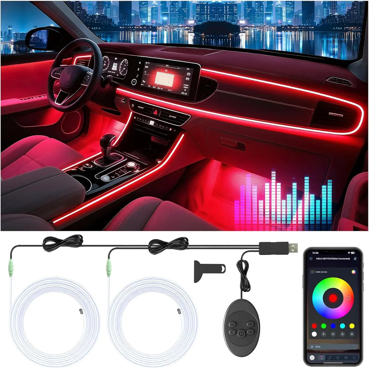 Led Strip Lights, Interior  Lights, App Control Ambient Lighting Kit With RGB 16 Million Colors Fiber Optics& Sync Rhythm, USB Neon Light Accessories for Center Console&Dashboard, Upgraded