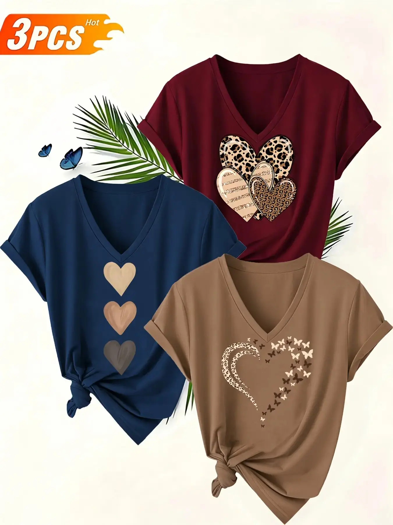 Women's 3-Pack Heart Print Round Neck Short Sleeve Summer Tops, Casual Everyday Slim-Fit T-Shirts, Soft Breathable Fabric, All Seasons
