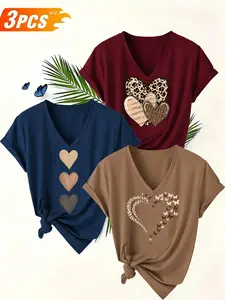Women's 3-Pack Heart Print Round Neck Short Sleeve Tops, Casual Slim-Fit T-Shirts, Soft Breathable Fabric, All Seasons