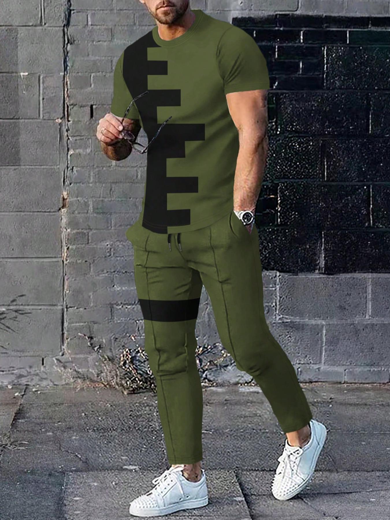 Two Counts Men's Patchwork Colorblock Print Pocket Pants Set, Casual Short Sleeve Fitted Crewneck Round Neck Jersey Tee & Drawstring Waist Pants Casual Trousers, Men's 2 Piece Set, T Shirt Set, Fashion Men's Outfits For Summer, Clothing, Menswear