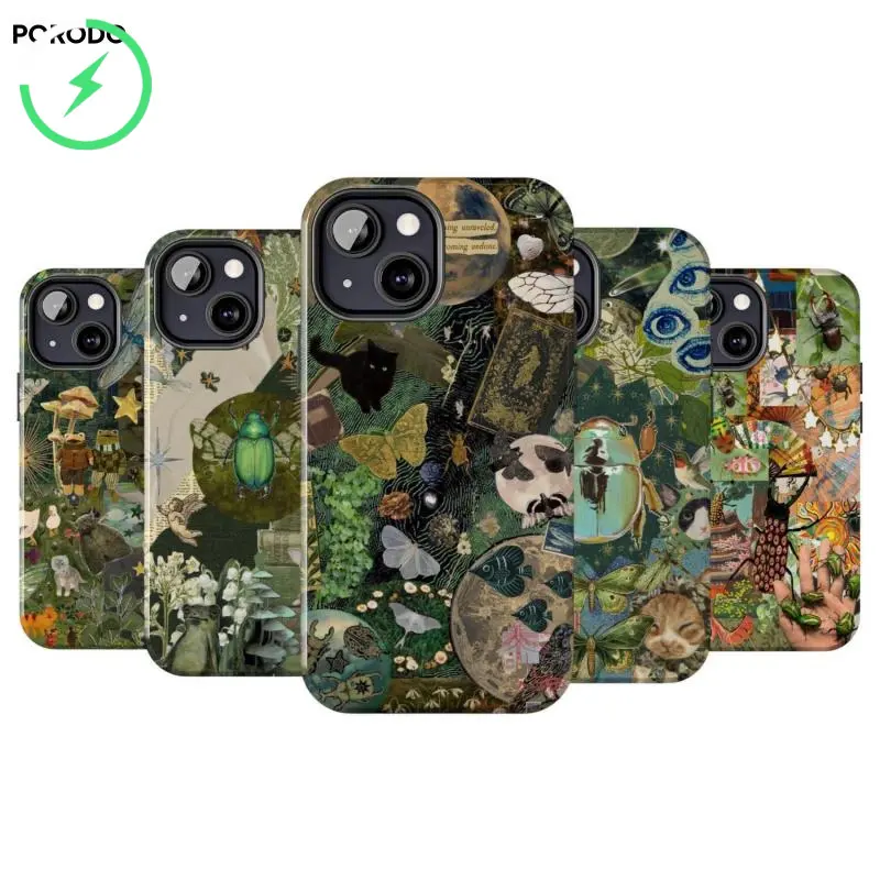 PORODO for MagSafe Gothic Green Whimsy Artistic Phone Case, Frog Cat Bug Animal Phone Case, Suitable for iPhone 17-11 Pro Max/Plus