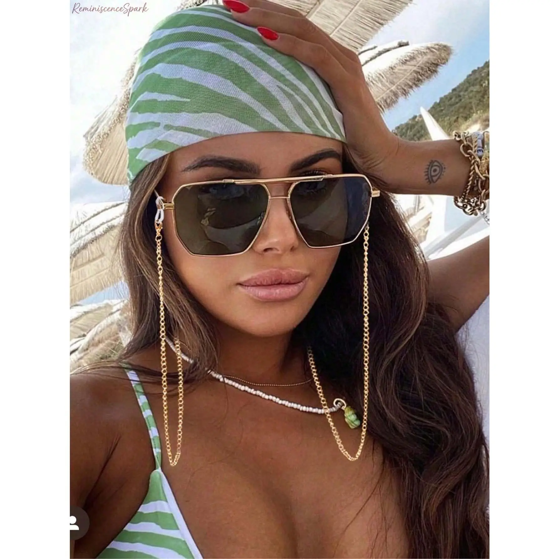 2pcs Y2K Futuristic Double Bridge Square Fashion Eyeglasses Matching Detachable Eyeglass Neck Chain Set, Unique Statement Decorative Eyewear Kit. Trendy Matching Accessories for Back-to-School Campus Styling, Daily Street Outfits & Casual Outdoor Looks