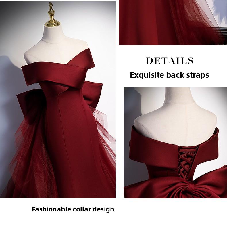 2026 New Style Wine Red Fishtail Toast Dress, Female Vocal Music Art Exam Evening Dress, Annual Party Host Off-the-Shoulder Light Wedding Dress