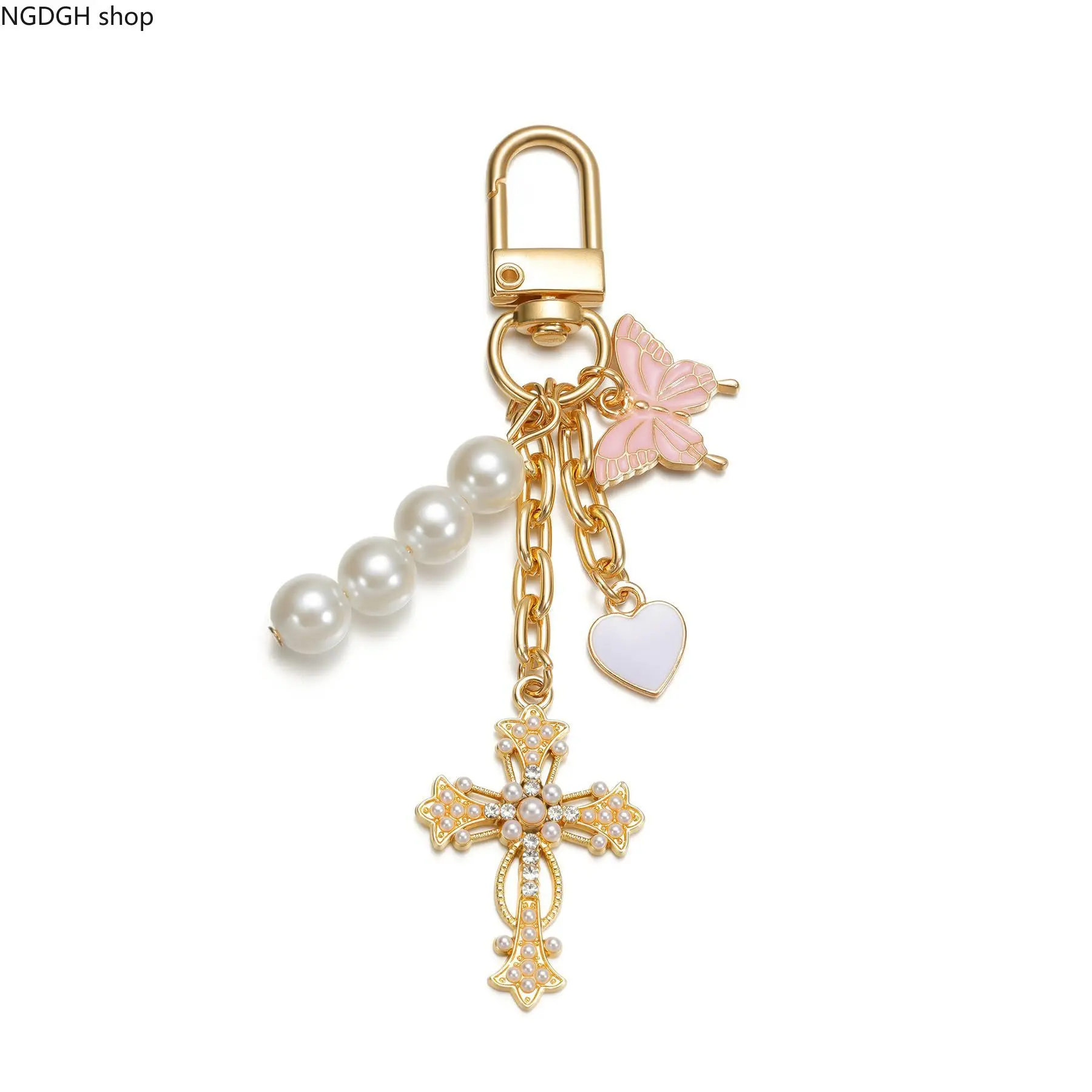 Vintage Heart Cross Charm Pendant with Faux Pearls, Pink Butterfly Carabiner Keychains, Gold Metal Accessory for Backpacks, Girls' Gift (Sports & Outdoor Companion), Carabiner Clip, Heart Shape