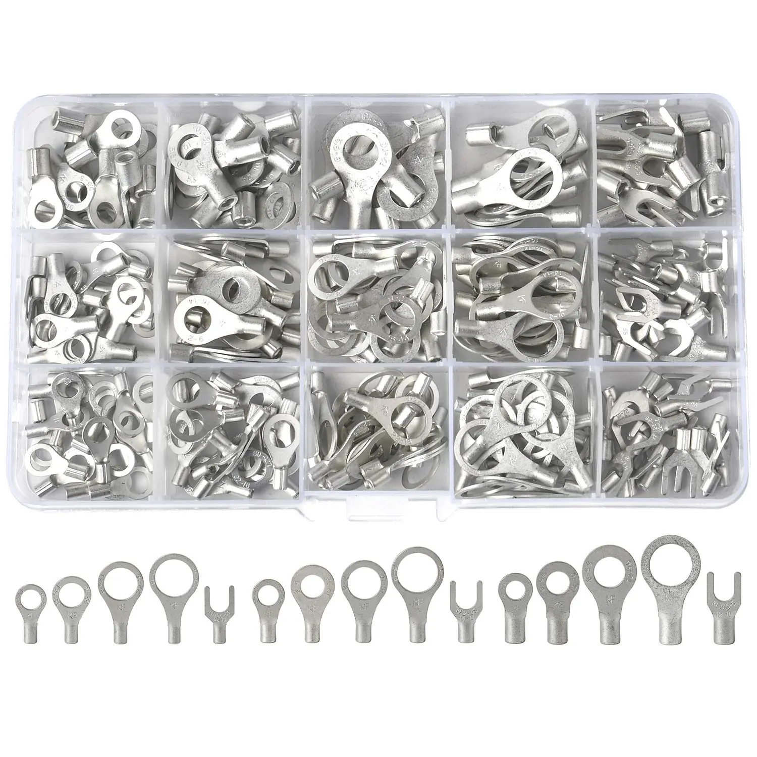 260PCS AWG 22-16 16-14 12-10 Copper Ring Fork Terminals Tin Plated Non-Insulated Electric Wire Connectors