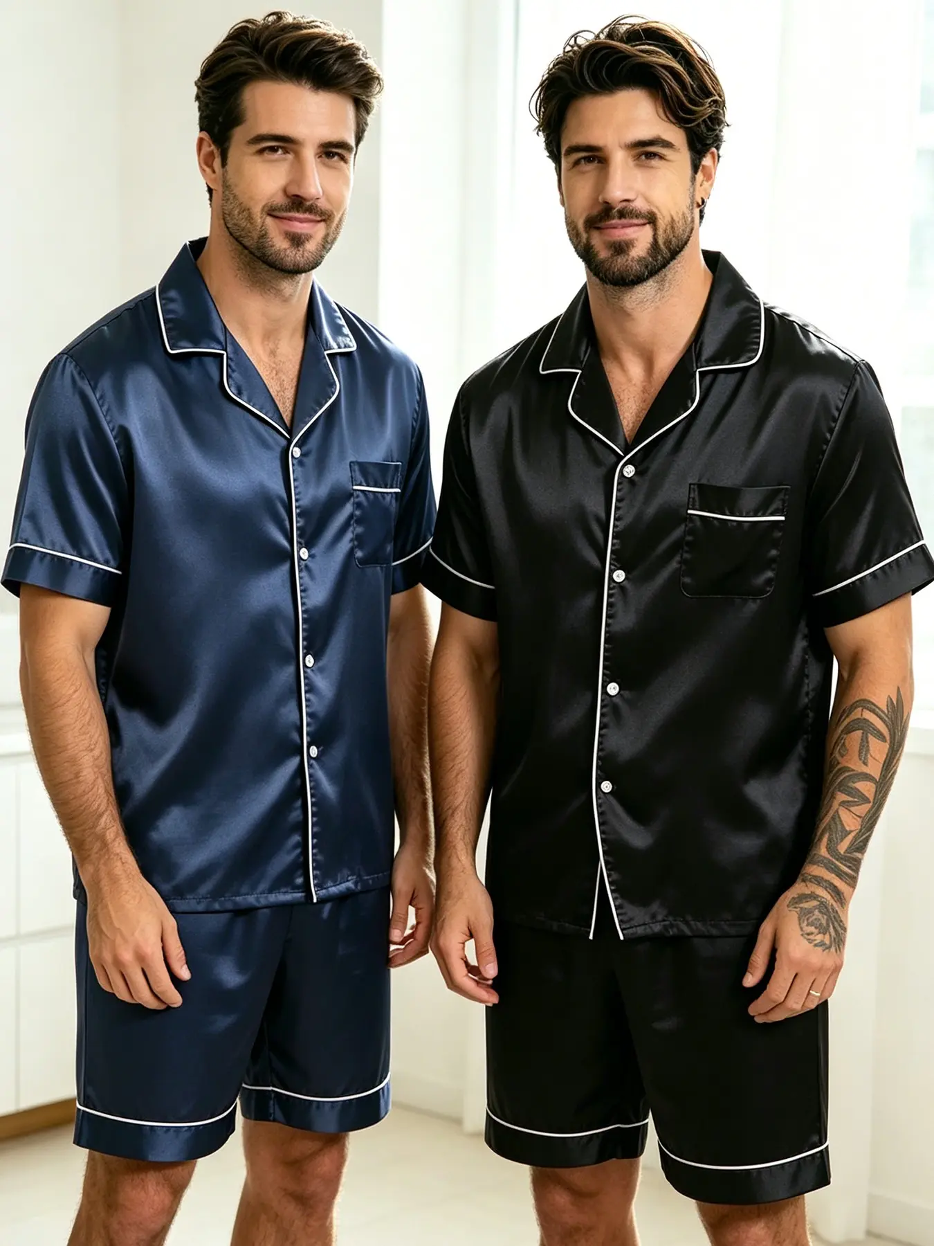 Men's Satin Plain Pajama Set, Short Sleeve Shorts Sleepwear Loungewear, Brother Pajamas, Suitable for All Seasons, Casual Loose-Fitting Style, Pjs, Pyjamas, Menswear
