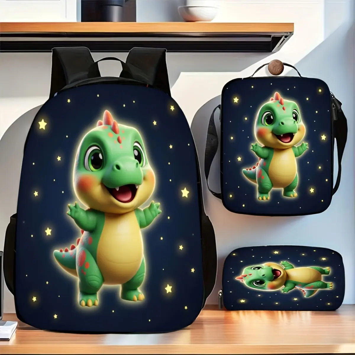 3pcs Dinosaur Backpack & Pencil Case School Bag with Crossbody Carrier Compatible for and, Green Dinosaur Print, Zipper Closure, Bookbag for, Travel, Daily Use