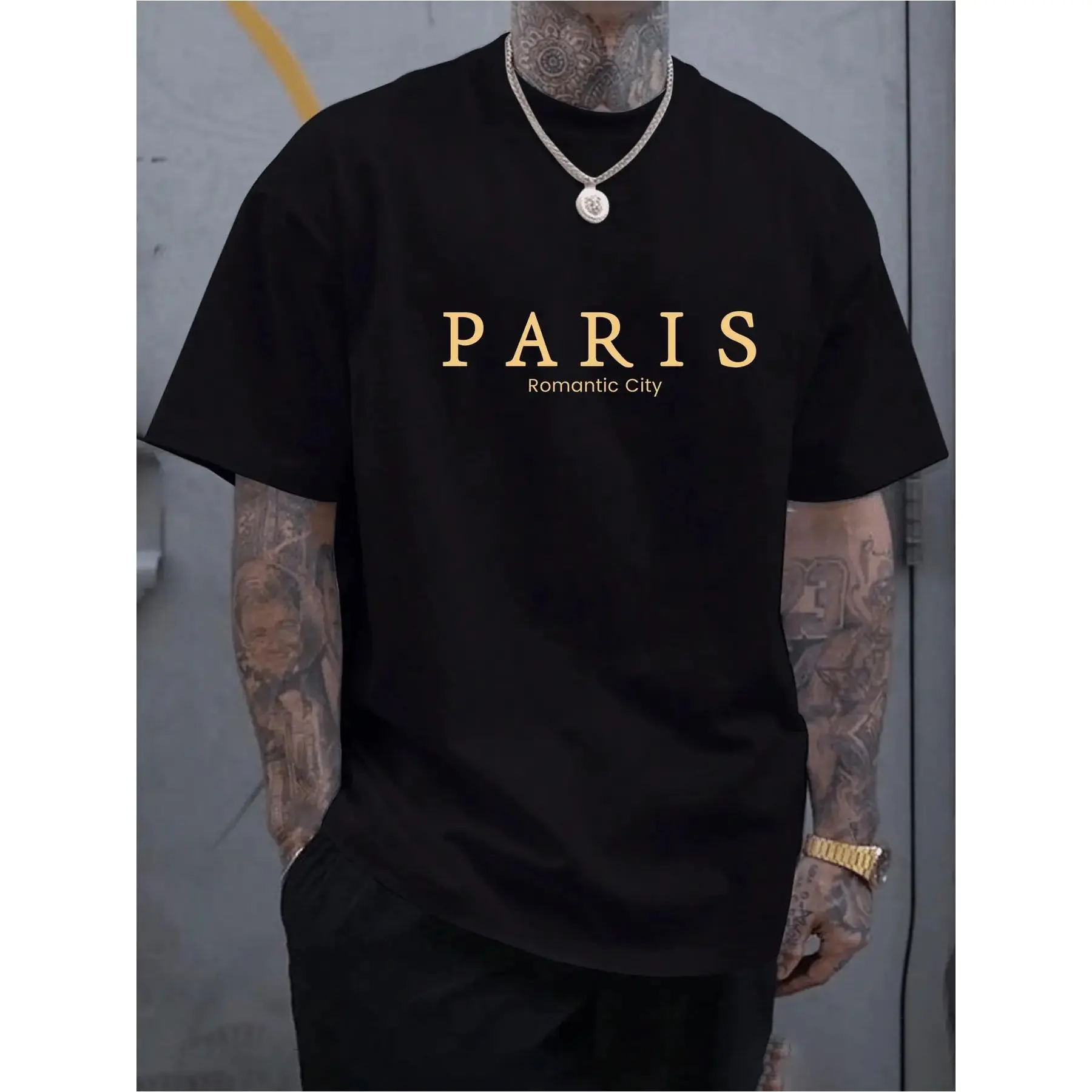 [Paris Graphic Tee] Men's "Paris" Graphic Print Short Sleeve T-Shirt - Casual Crew Neck, All-Season Wear, Regular Fit, Summer Tee |   Bold Lettering Top |   Comfortable Fit Shirt