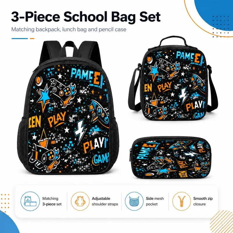 Video Game Space Graffiti Print Backpack, Lightweight Teen Backpack, Game Controller and Star Print, Suitable for Back to School, Casual Use, Short Trips, and Daily Travel in Various Scenarios
