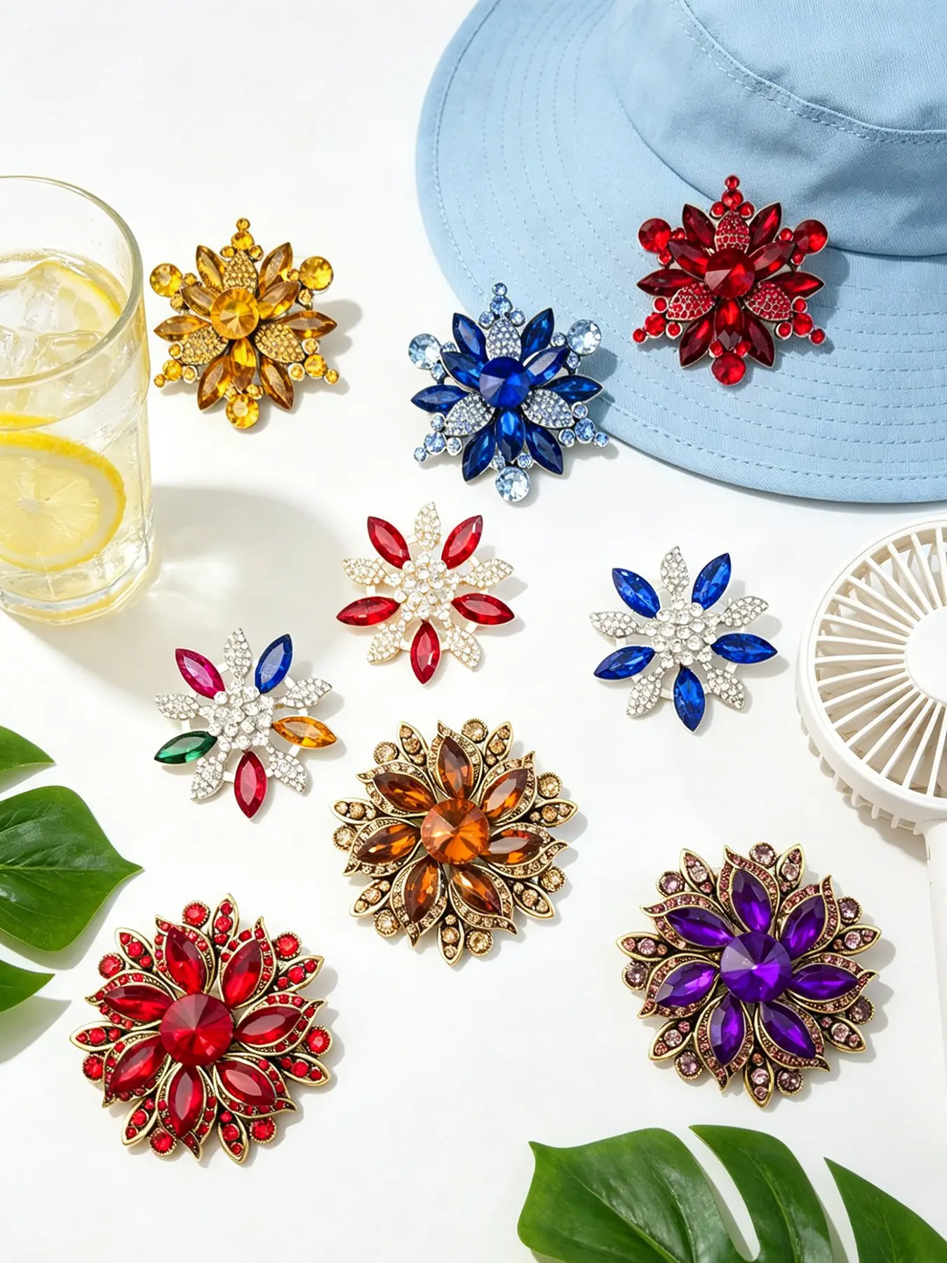 9pcs Women's Vintage Colorful Rhinestone Flower Brooch with Crystals Set, Artificial Crystal Flower Pins, Elegant Jewelry Gift for Parties, Daily Wear, Vacations