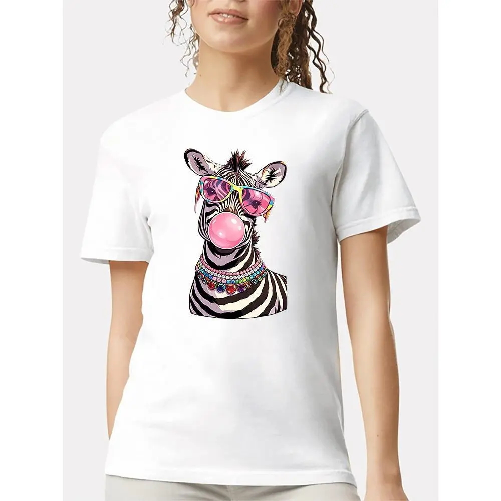 Men's Casual Short-Sleeve Round-Neck T-Shirt - Top with Comic-Style Print of Zebra in Rainbow Sunglasses, Colorful Rhinestone Necklace Blowing Pink Bubblegum Bubble, Tshirt, Shortsleeve, Menswear
