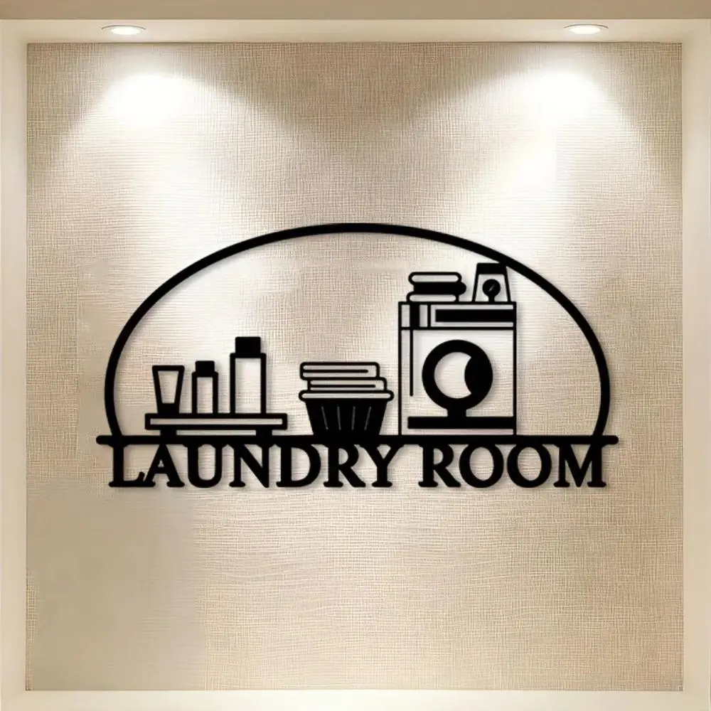 Farmhouse Laundry Room Metal Wall Sign, Arched Washing Machine Laundry Basket Detergent Outline Metal Wall Art, Black Laser Cut Metal Door Hanging Decor for Rustic Utility Room Basement Bathroom, New Home Housewarming Closing Gift