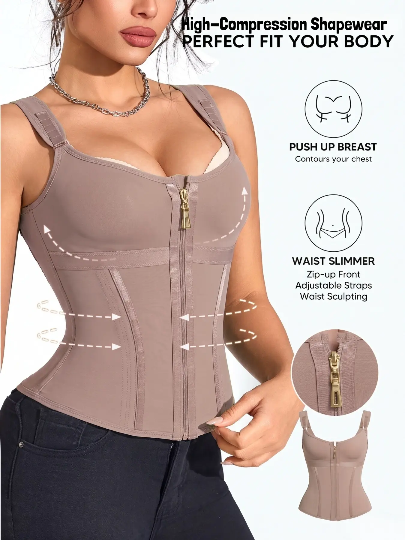1 Count Zipper & Hook Closure Camisole Shapewear Waist Trainer Corset, Fajas, Women Girdles Belt Double High Compression Tummy Control Corset Shapewear Tops With Bra, Colombian Body Shaper Vest, For Daily Wear Or Sports