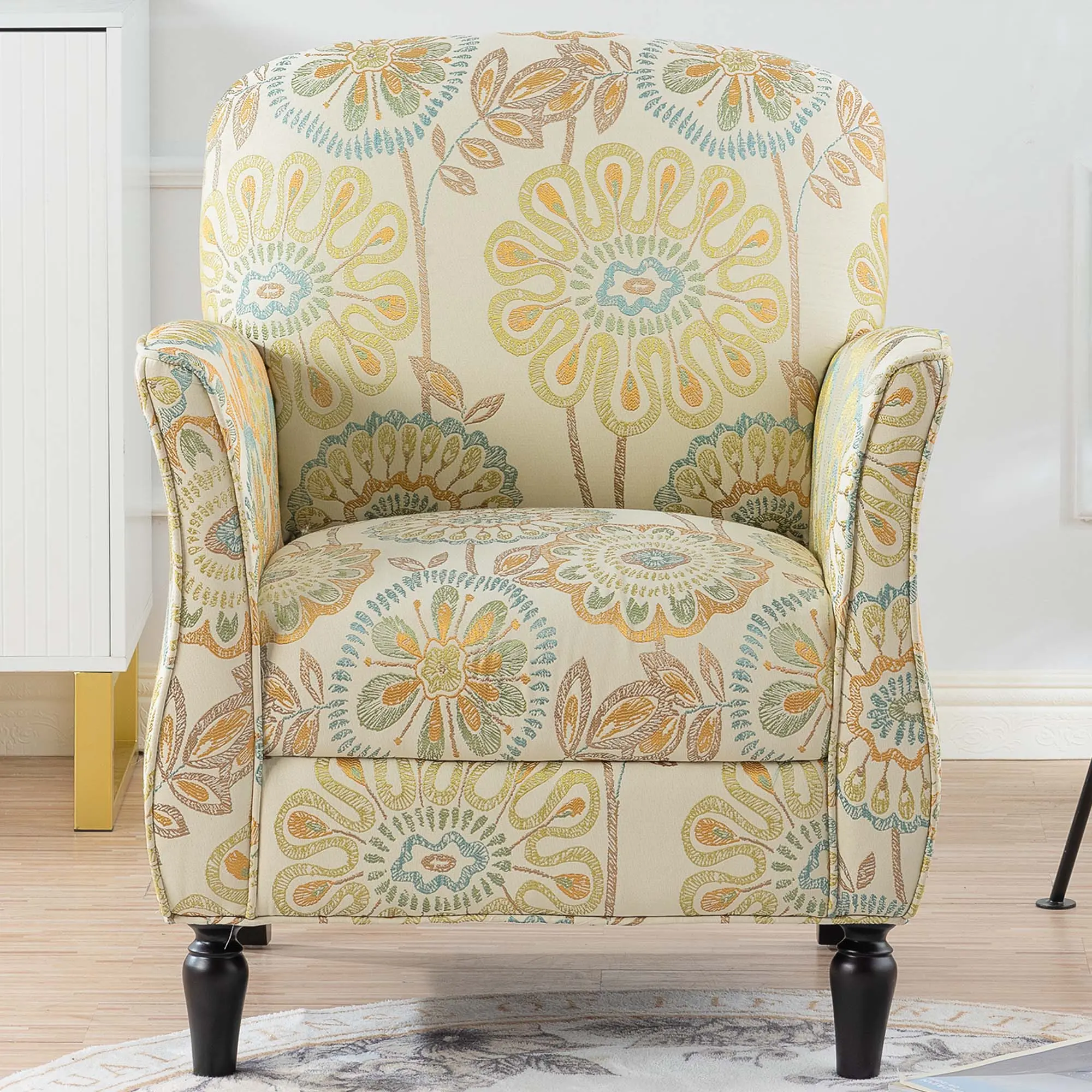 ARCH Beige Yellow Fabric Accent Chair, Mid-Century Modern Tub Armchair with Ergonomic Curved Back, Birch Wood Legs, Upholstered Living Room Chair, Reading Lounge Chair, Single Sofa Chair, 29.33"W x 28.54"D x 35.04"H, Beige+yellow Color Options