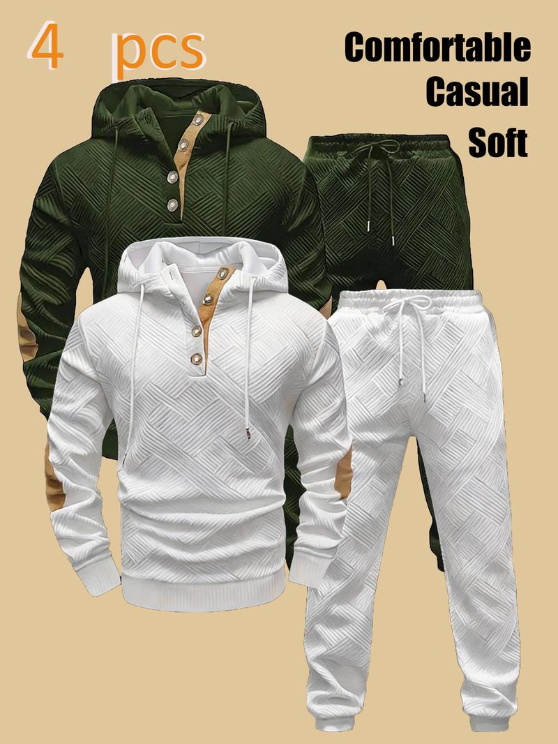 Men's Quilted Hooded Pullover with Half-Placket Buttons + Jogger Pants: Soft Casual Sportswear Set
