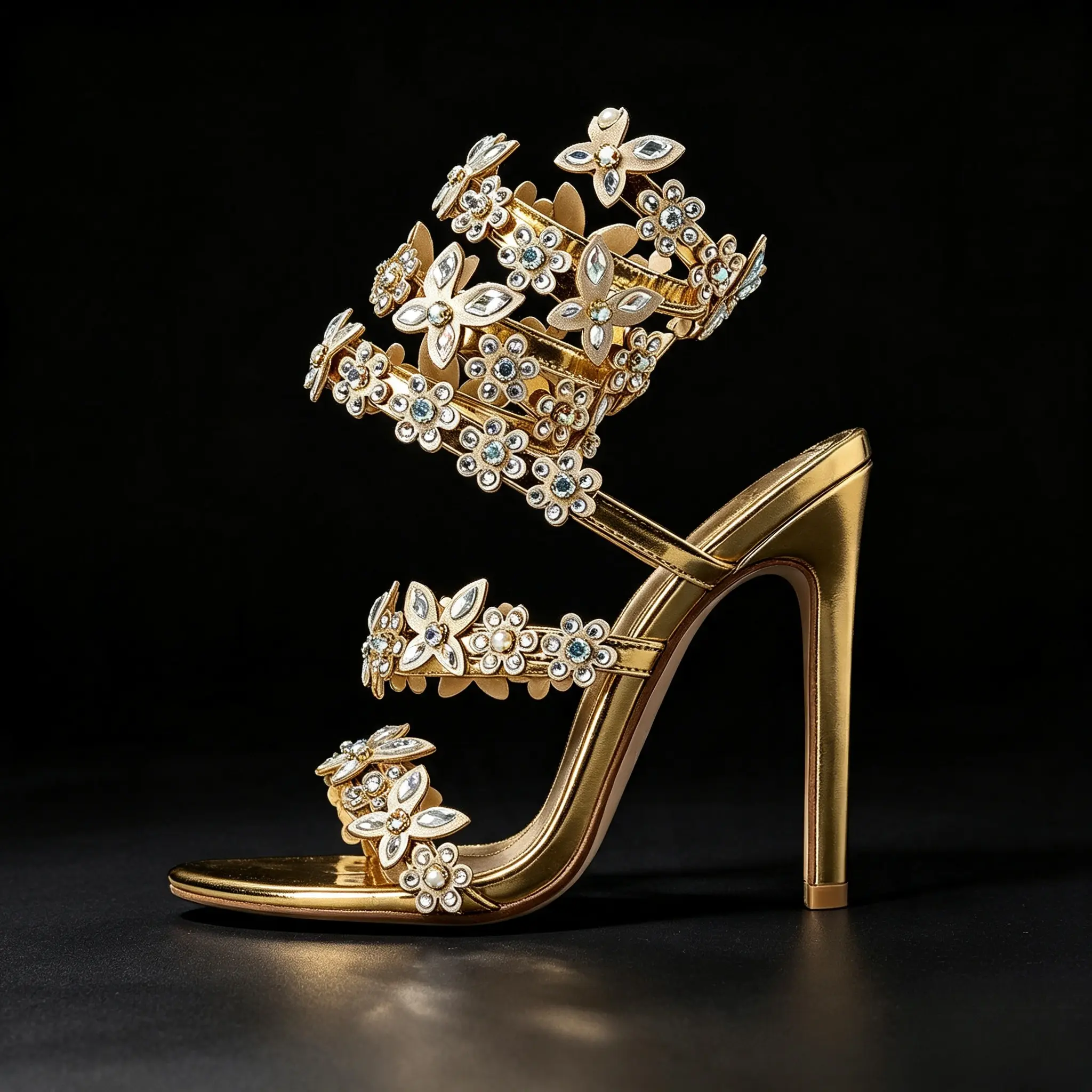 Women's Metallic Open-Toe Stiletto Sandals - 4.33 in Rhinestone Spiral Ankle-Wrap Heels for Prom, Wedding Guest