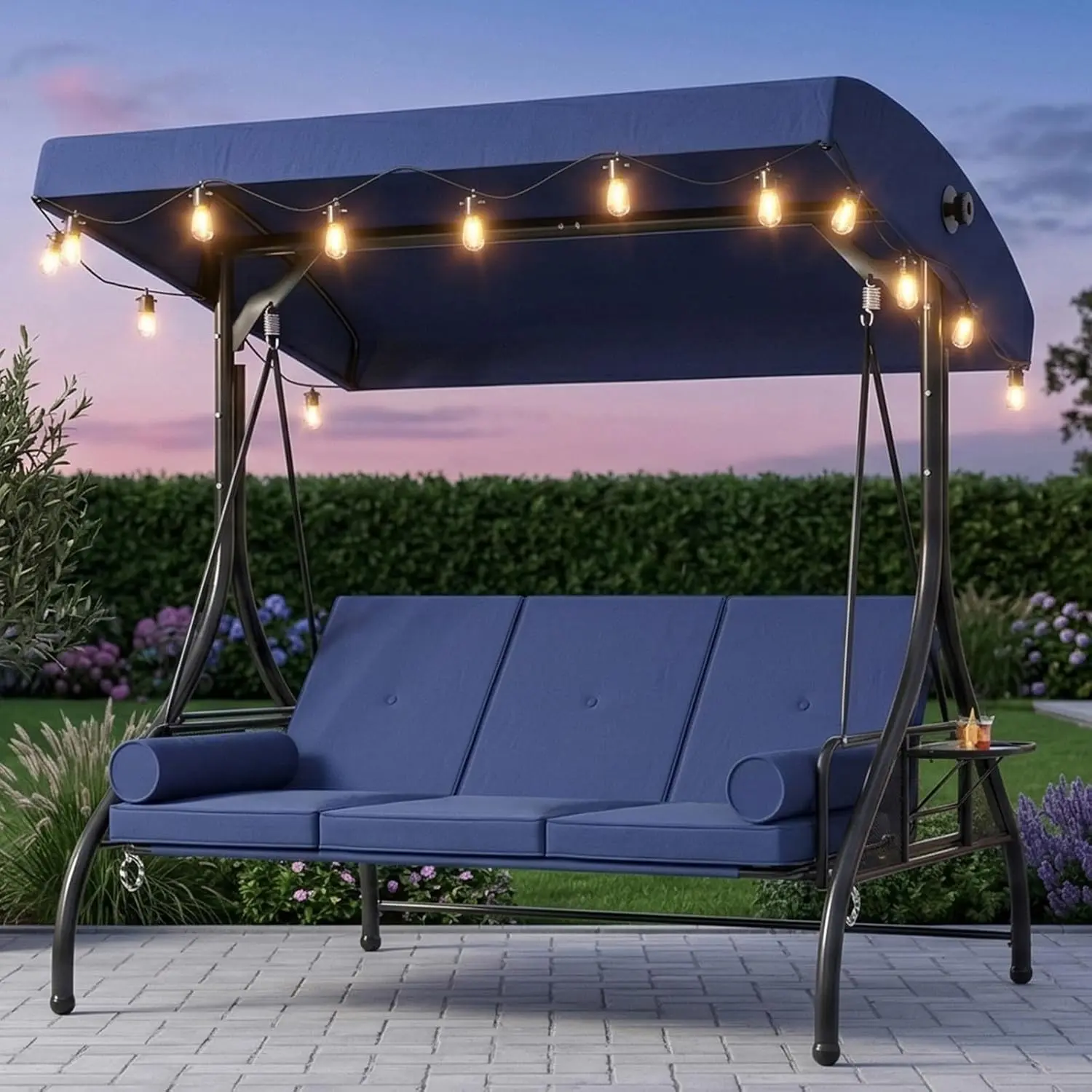 Aoxun 3-Seat Outdoor Porch Swing with Stand, Canopy, Cup Holder & String Lights, Convertible 2-in-1 Swing Bed for Adults, Patio Furniture for Garden & Balcony, Blue