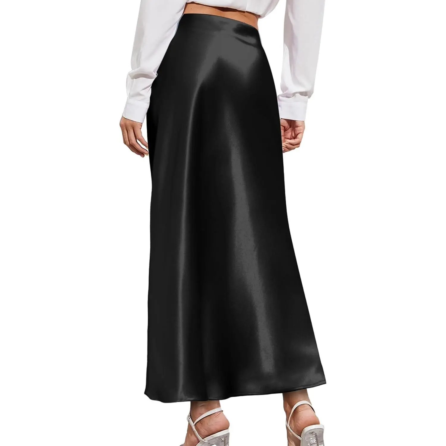 Women's High-Waist Satin Midi Skirt, Elegant Party Bottom with Smooth Silky Silhouette