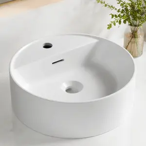 ARCH 16-inch Diameter Above-Counter Bathroom Vessel Sink, 15.75" W x 15.75" D Solid Surface Artificial Marble Basin with Faucet Hole, White/Black, Easy to Clean Modern Countertop Vanity Bowl for Bathroom Remodel (No Cabinet/Faucet Included)