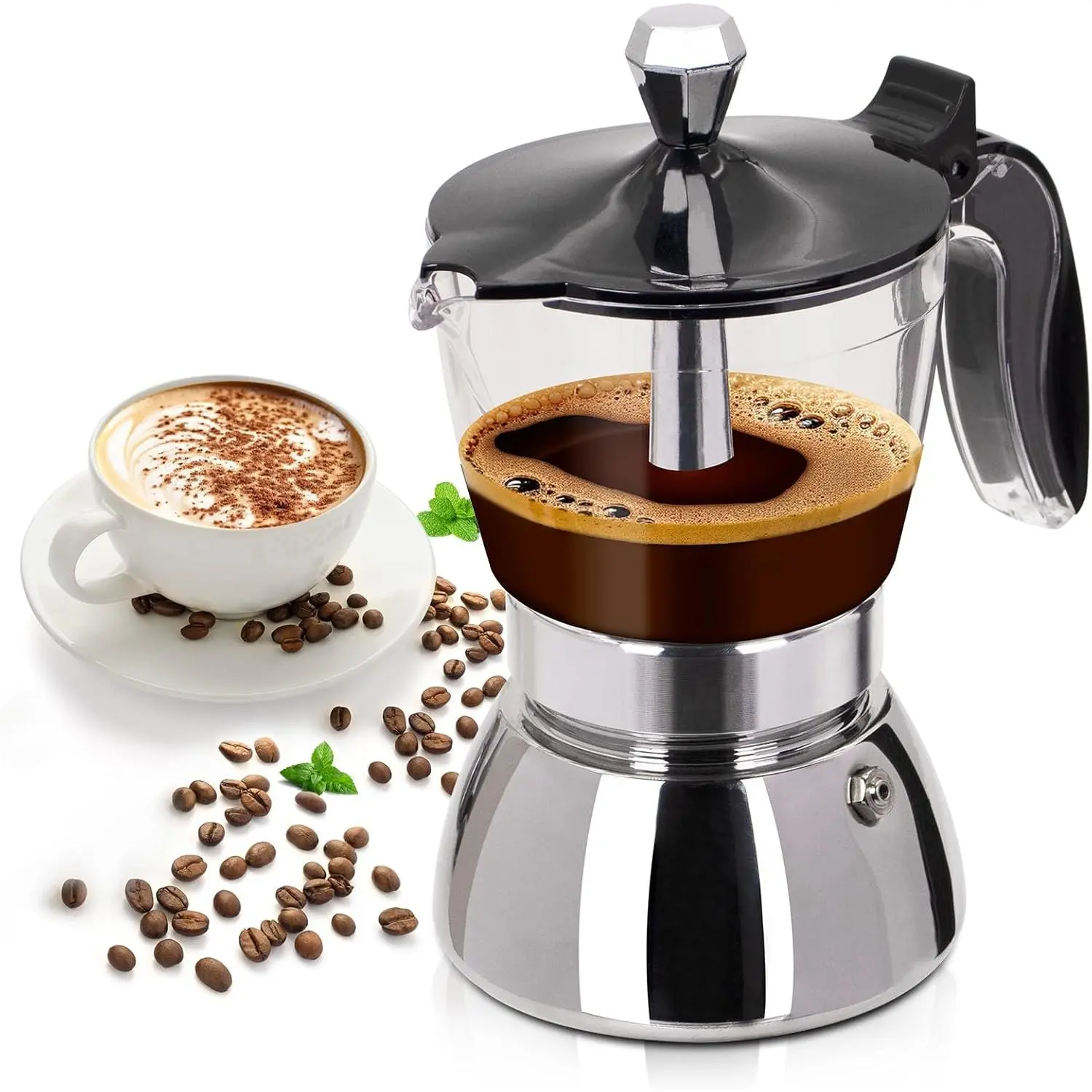 Clear Plastic Moka Pot 4 Cup 200ml Stainless Steel Coffee Maker Uncoated Stovetop Espresso Coffeemaker Italian Classic Style Brewing Greca Cafe Mocha  Cafeteras Camping Travel Home Use