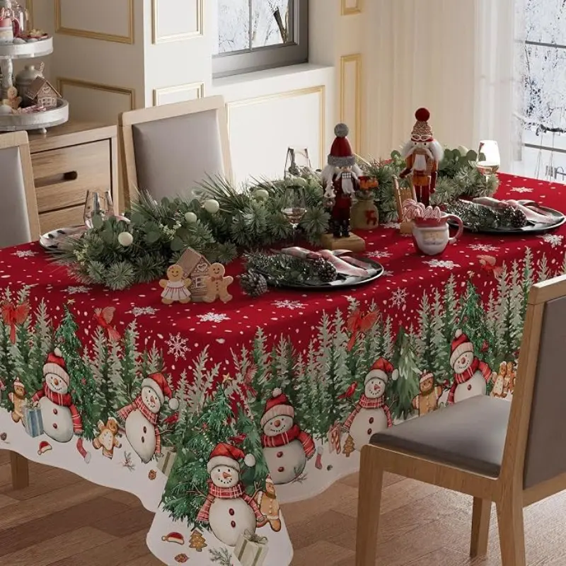 2D Flat Party Tablecloth 1pc, Snowman Gingerbread Tree Winter Tablecloth, Rectangular Christmas Tablecloth, Indoor Dining Family Gathering Decor