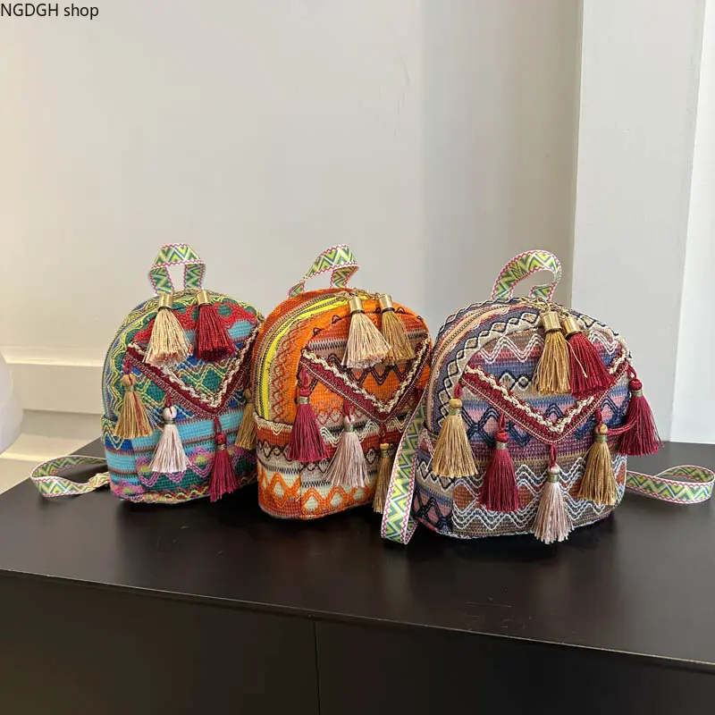 Women's Compact Mini Boho Pattern Tassel Top Woven Female Bag - Adjustable Crossbody Strap, Colorful Ethnic Purse for Summer Beach Travel & Daily Casual Sports & Outdoor Accessory, Ethnic Woven