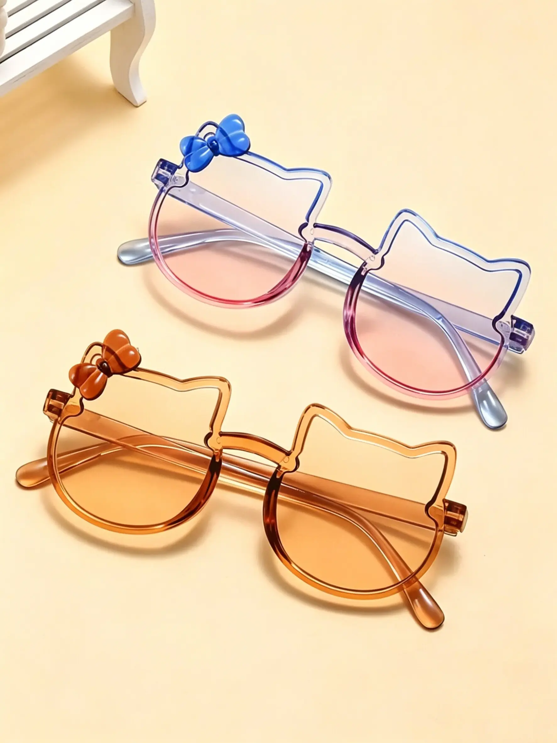 2 Pairs Cute Cat Ear Bow Sun Glasses, Gradient Transparent Frame UV Protection Kids Party Photo Sunglasses, Girly Summer Girls' Fashion Accessories