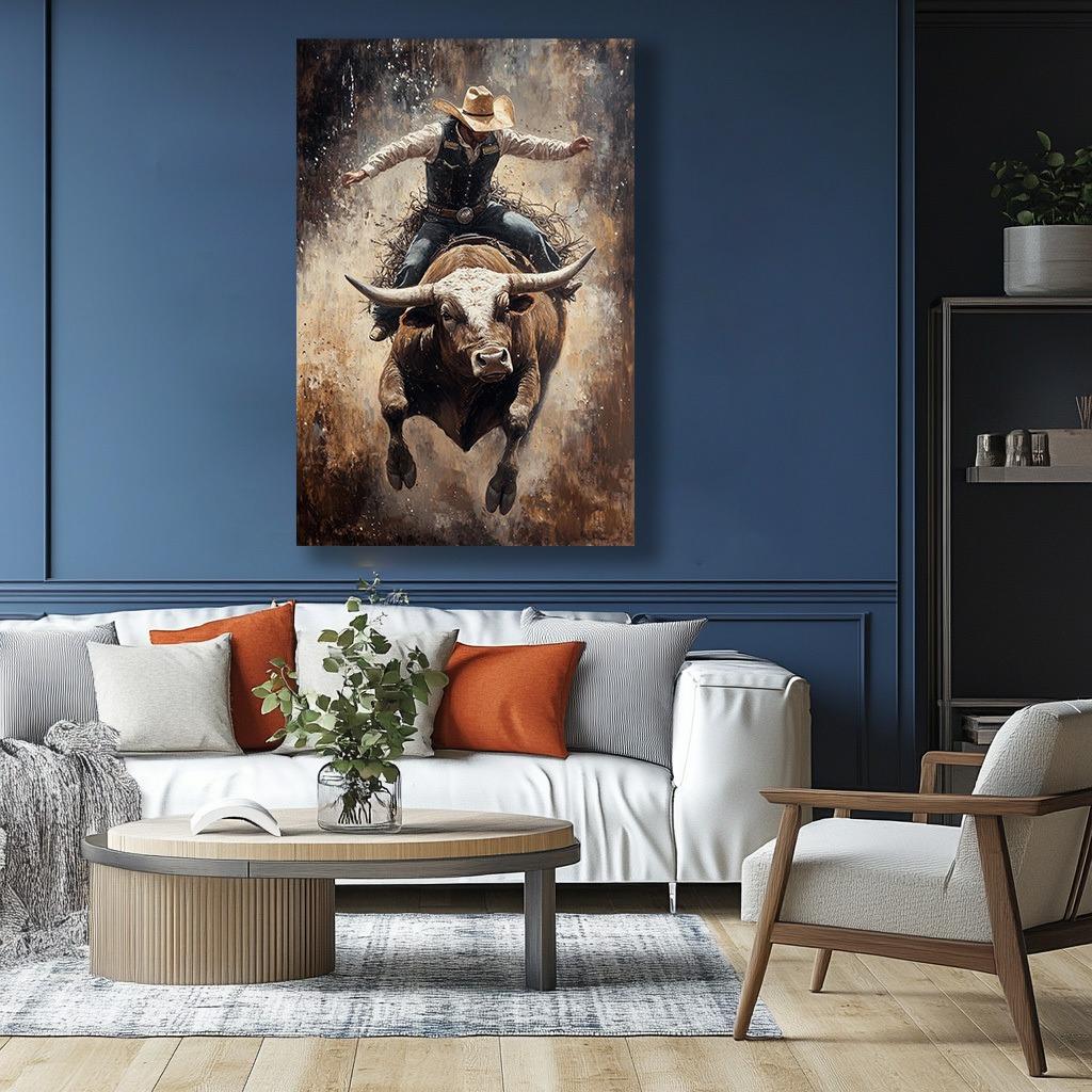 Cowboy Riding a Powerful Brown and White Bull Canvas Painting for Living Room Bedroom Wall Art Decorative Mural Gift Cowboy Riding a Powerful Brown and White Bull Canvas Painting for Living Room Bedroom Wall Art Decorative Mural Gift