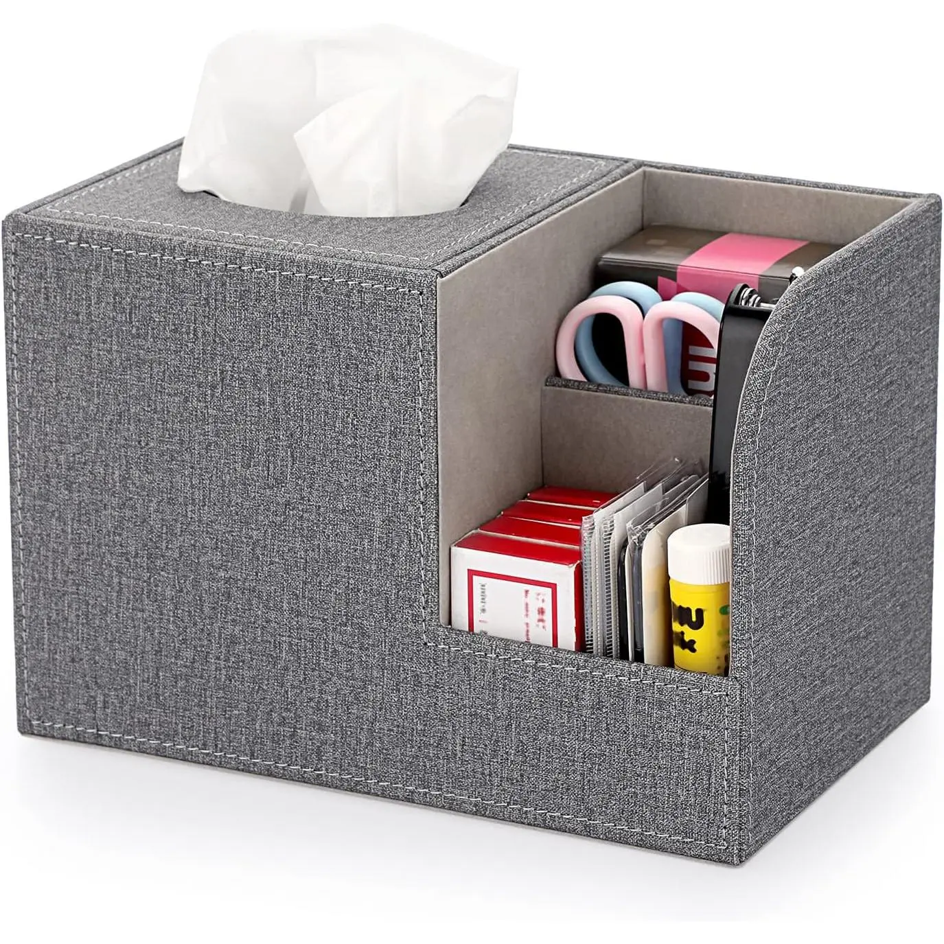 Square Linen Tissue Box Cover - Decorative Cube Tissue Box Holder with Side Organizer, Modern Tissue Box for Living Room  Night Stand Table Countertop Office, Grey