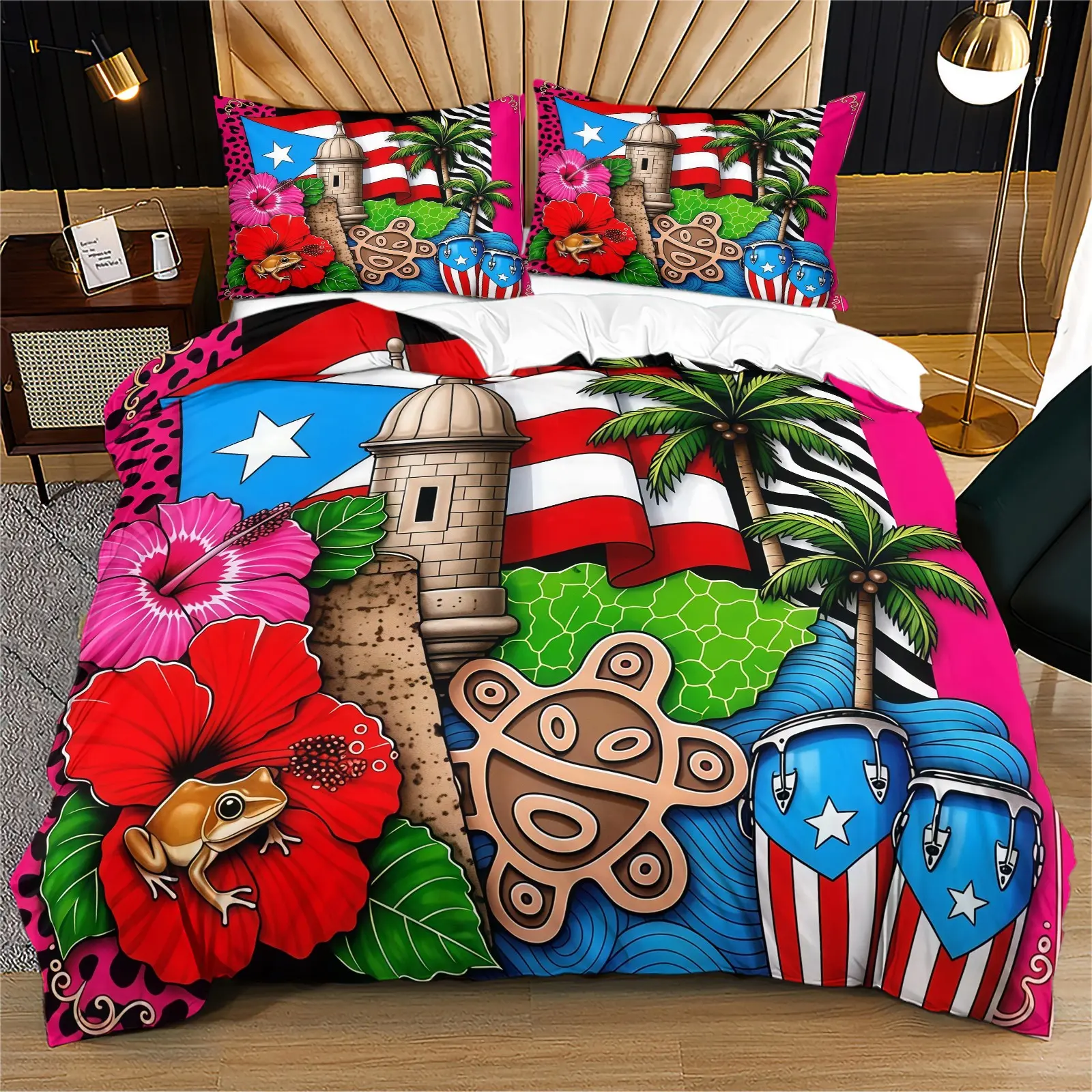 Puerto Rican Flag Tree Frog Hibiscus Flower Pattern Duvet Cover Set, Tropical Caribbean Ethnic Atmosphere (1 Duvet Cover + 1 Or 2 Pillowcases, Excluding Fillers), Puerto Rican Sentiment Bedroom Bedding Set