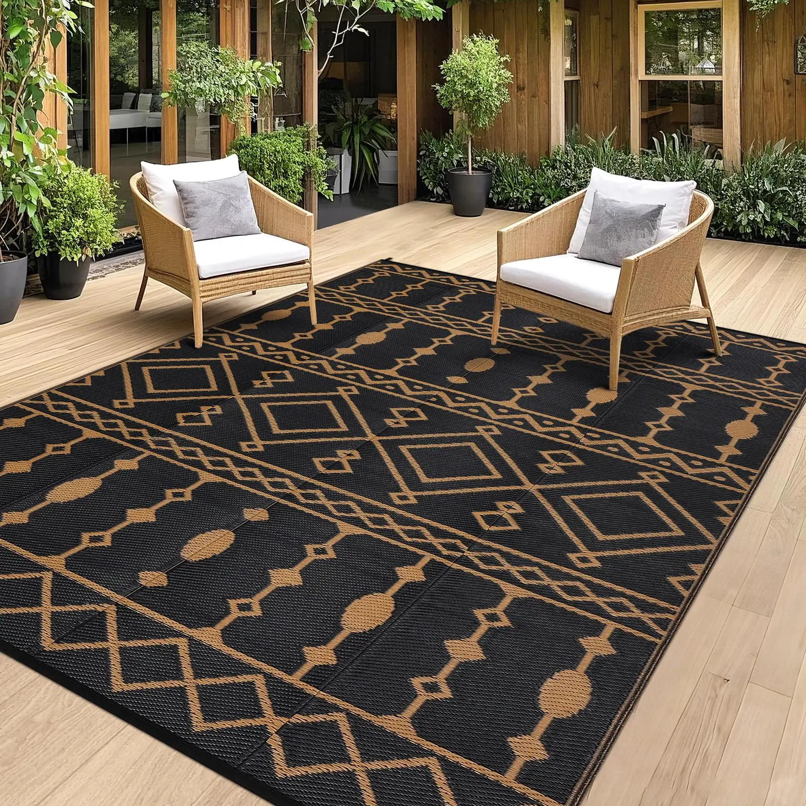 GARVEE Outdoor Rug for Patio Clearance, 8x10 FT Reversible Plastic Straw Patio Camping Rugs, Waterproof Floor Mat and Rug for Outdoors, Outside Carpet for Rv, Deck, Camper, Picnic, Black & Brown