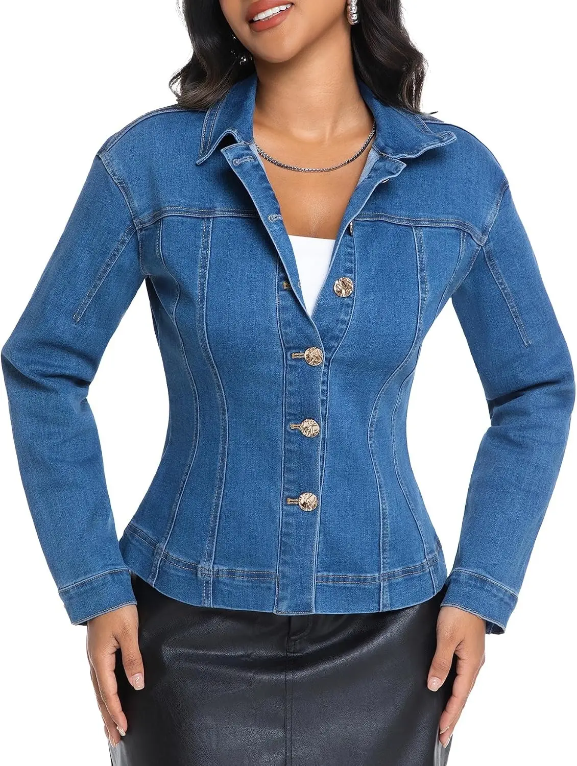 Denim Jacket for Women Cinched Waist Button Up Long Sleeve Trendy Stretchy Jean Jacket Coat