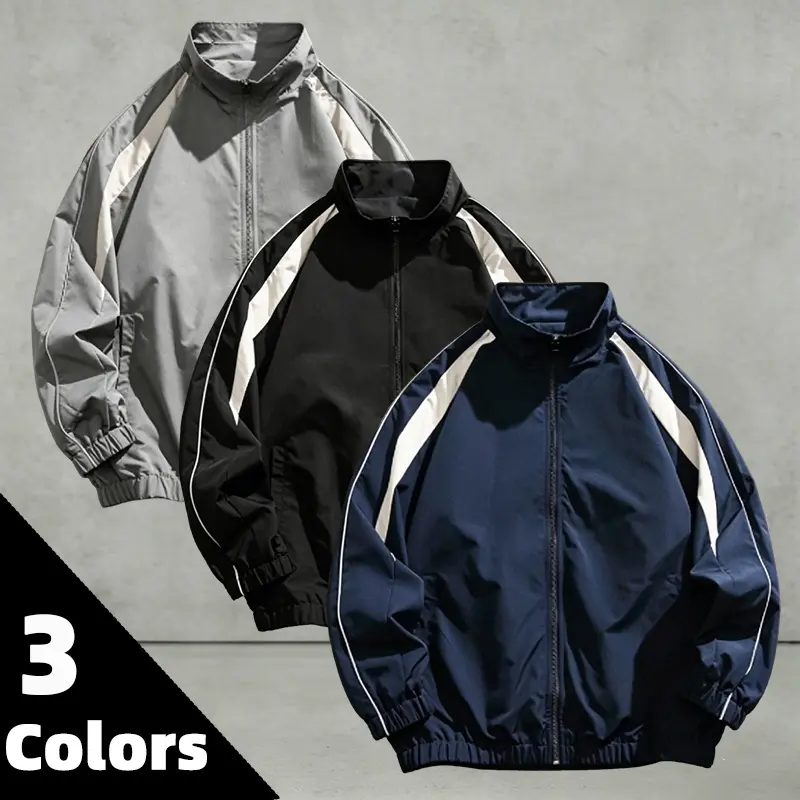 Spring and Autumn contrasting color striped stand collar sports jacket, loose and windproof light and thin outerwear, casual zipper cardigan, versatile commuting top