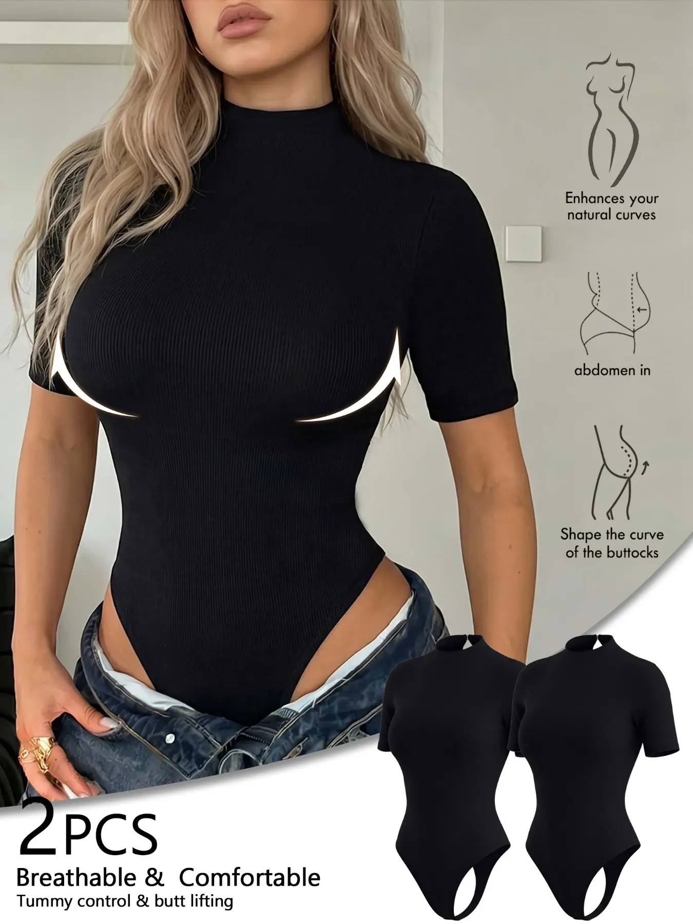 2 Pcs High Stretch Tummy Control Butt Lifting Shapewear Bodysuit Breathable Short Sleeve Turtleneck Slimming